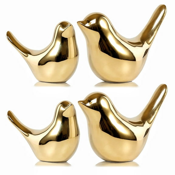 Set of 2/4 Small Gold Birds Figurines, Ceramics Birds Statues Gold Home Decor Modern Style Animal Bird Sculpture Ornaments Home Shelf for Living Room, Bedroom, Office Desktop, Cabinet