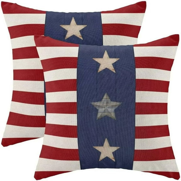Set of 2 4th of July Independence Day Pillow Covers 18x18 Inch, American Flag Stars and Stripes Freedom Patriotic Throw Pillowcase for Couch Sofa Home Outdoor Decor