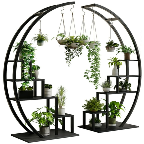 Set of 2 5-Tier Metal Plant Stands, Space-Saving Half Moon Ladder Flower Shelf with Hanging Hooks, Modern Tall Tiered Plant Holder, Indoor Outdoor Display Rack for Patio, Garden, Balcony, Living Room