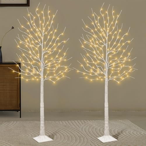 Set of 2 6 feet Lighted Birch Tree, 160 LED Warm White, for Home, Festival, Party, and Christmas Decoration, Indoor and Outdoor Use, 8 Functions$$Home Decor, Kitchen, & Other