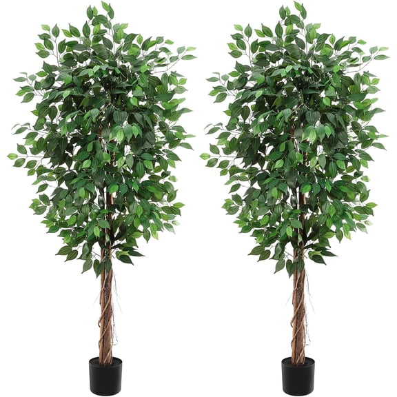 Set of 2 6ft Artificial Ficus Trees – 1008 Lush Green Leaves, Double Trunks, Realistic Faux Banyan Plants in Black Pots for Indoor or Outdoor Home, Living Room, or Office Decor – 6ftH, 1 Outer