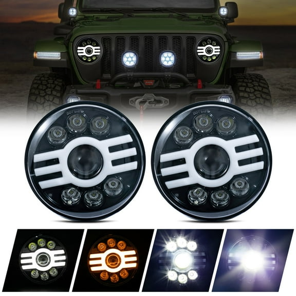 Set of 2 7" Inch Round Universal H6024/H6017/6015/6014/6012 Conversion Kit LED Halo Projector Headlights Assembly+H4/H13 Adaptors Amber Turn Signal White High/Low Beam DRL Daytime Running Lights