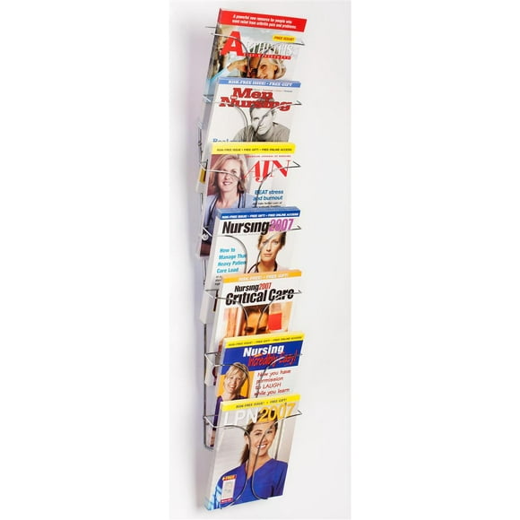 Set of 2 - 7-Pocket Wire Magazine Rack with Vertically-Stacked Pockets, Wall Mounted Literature Holder for 8.5x11 Catalogs - Chrome Finish (7T1RWMMAG)