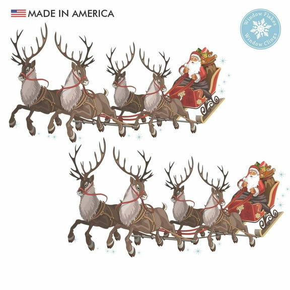Set of 2, 8.5" Christmas Window Clings Decals. Santa Sleigh and Reindeers Christmas Window Glass Decoration. Reusable Non-Adhesive Holiday Home Window and Door Decor. Made in America.