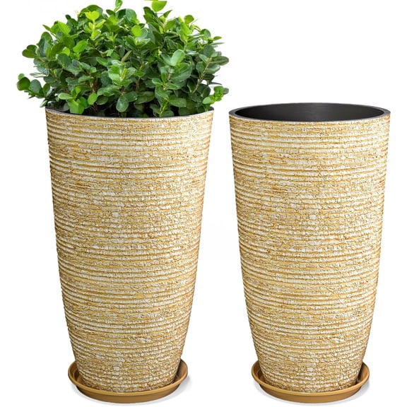 Set of 2 9 Gallon Tall Large planters for Outdoor/Indoor Plants of 12" Dia x 21" H Round Flower Pots Set Faux Stone Finish Front Door Patio Square Porch Planters with Tray, Beige