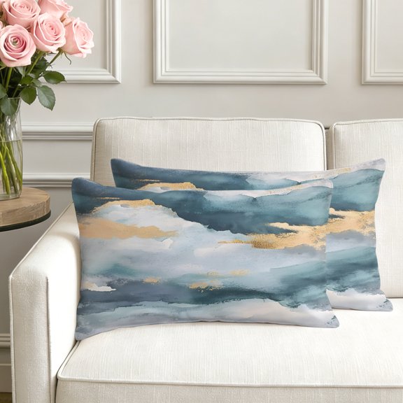Set of 2 Abstract Cloud Effect Pillow Covers 12x20 Inch, Golden Green Marble Texture Decorative Throw Pillow Cases Cotton Cushion Covers for Sofa Couch Bed Living Room Bedroom Home Decor