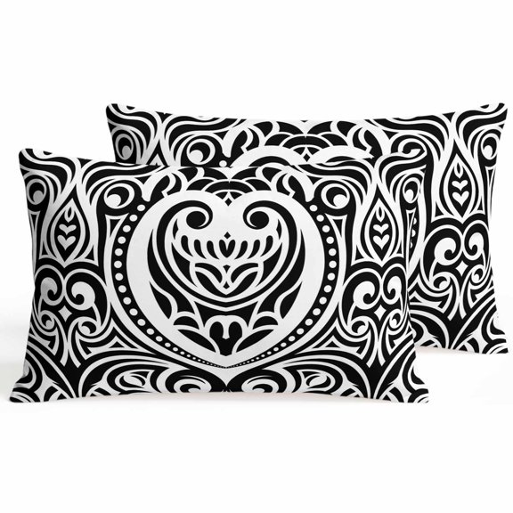 Set of 2 Abstract Ethnic Pillow Covers 12x20 Inch, Bohemian Geometric Trible Black Floral Texture Decorative Throw Pillow Cases Cotton Cushion Covers for Sofa Couch Bed Living Room Bedroom Home Decor