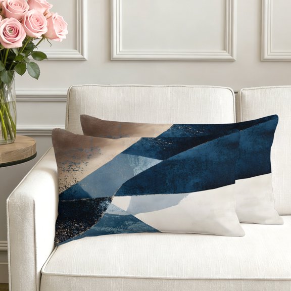 Set of 2 Abstract Geometric Pillow Covers 12x20 Inch, Dynamic Blue Gold Beige Art Decorative Throw Pillow Cases Cotton Cushion Covers for Sofa Couch Bed Living Room Bedroom Home Decor