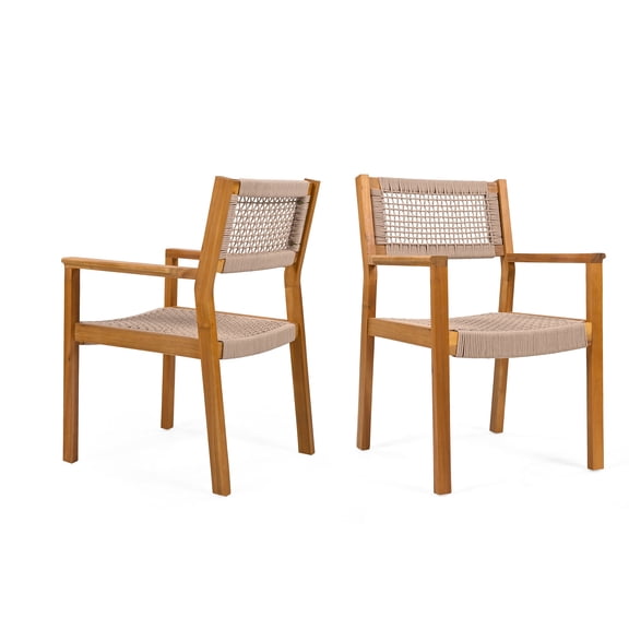 Set of 2 Acacia Wood Dining Chairs with Light Brown Rope Seat & Back, Teak Finish, 23.25"W x 24"D x 35"H, Ergonomic, 400 lb Capacity, Easy Assembly, Perfect for Dining Rooms