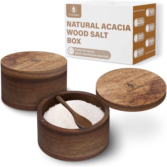 Set of 2 Acacia Wood Salt Container with Built-in Spoon, Elegant Salts Holder with Magnetic Swivel Lid, Each Salt Cellar Box Capacity 6OZ for Kitchen to Storage Pepper, Spice or Favorite Seasonings