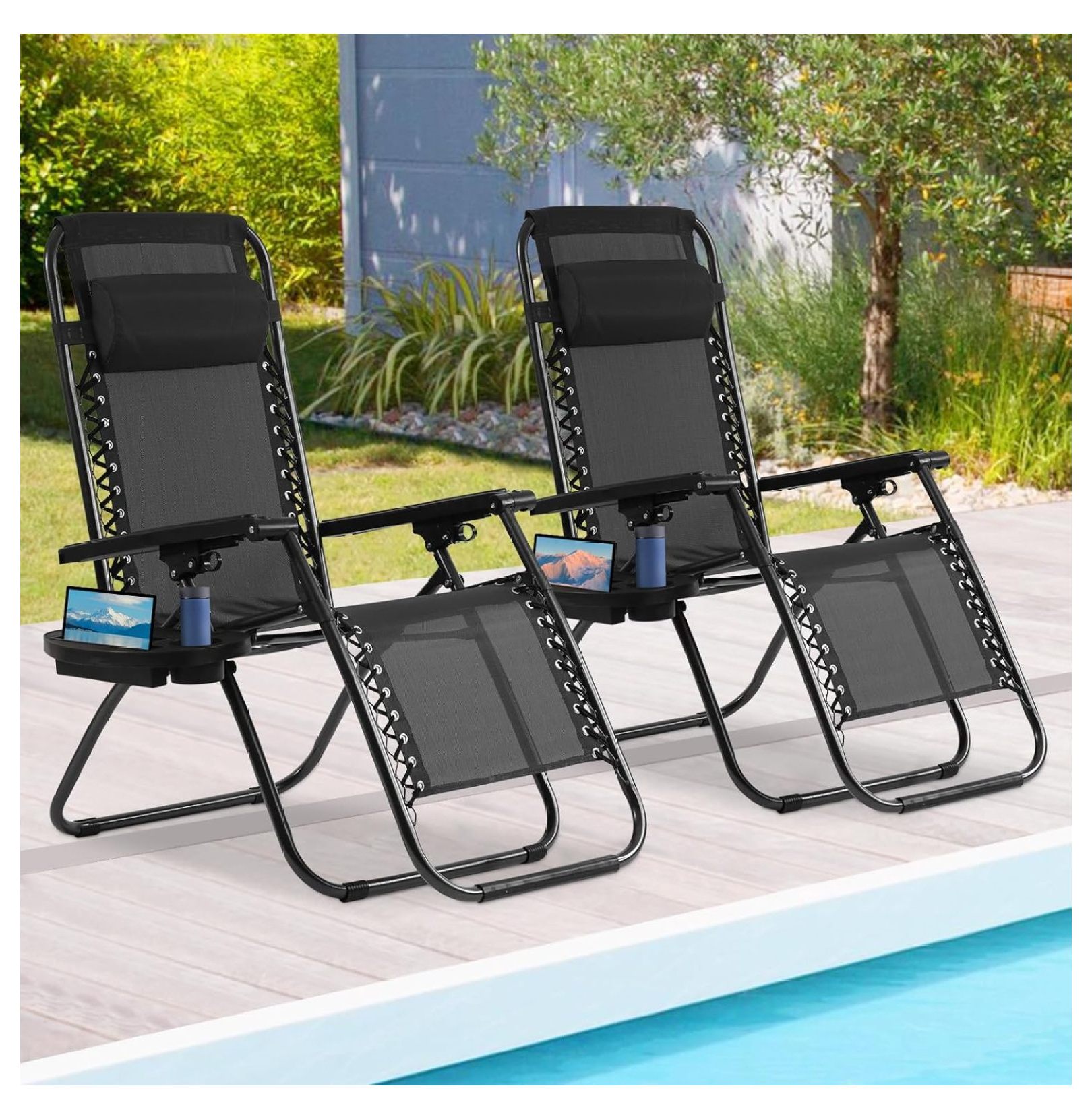 Set of 2 Adjusatable Chair Mesh Outdoor Lounge Chair with Pillows and ...