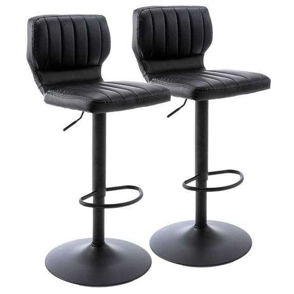 Set of 2 Adjustable Bar Stools with Back, Modern Armless PU Leather Counter Height Barstools, 360° Swivel Chairs with Thick Cushions for Kitchen Dining Pub Cafe (Black)