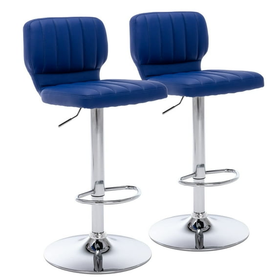 Set of 2 Adjustable Bar Stools with Back, Modern Armless PU Leather Counter Height Barstools, 360° Swivel Chairs with Thick Cushions for Kitchen Dining Pub Cafe (Blue)