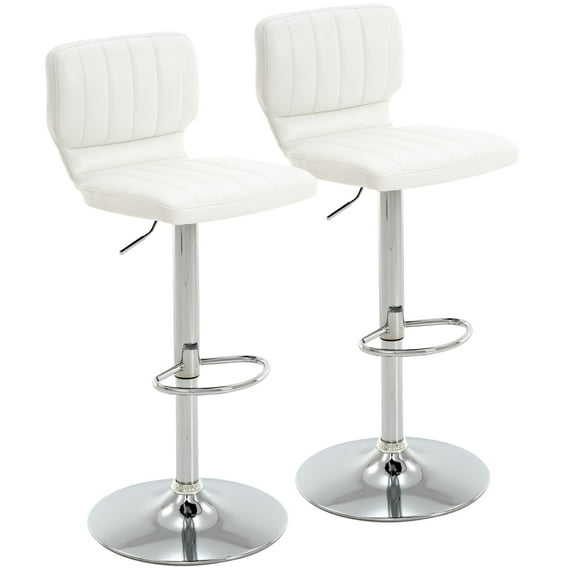 Set of 2 Adjustable Bar Stools with Back, Modern Armless PU Leather Counter Height Barstools, 360° Swivel Chairs with Thick Cushions for Kitchen Dining Pub Cafe (White)