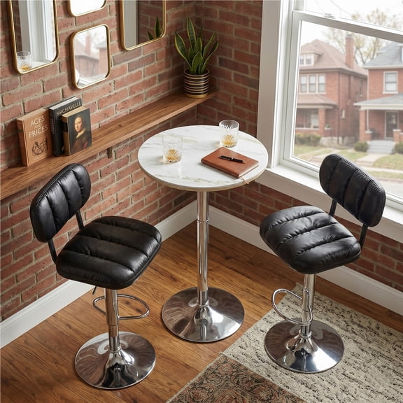 Set of 2 Adjustable Height Bar Stools, Black PU Leather Upholstered with Chrome Base & Footrest, Modern Comfortable Stools for Kitchen Island, Home Bar, Game Room & Office Break Area