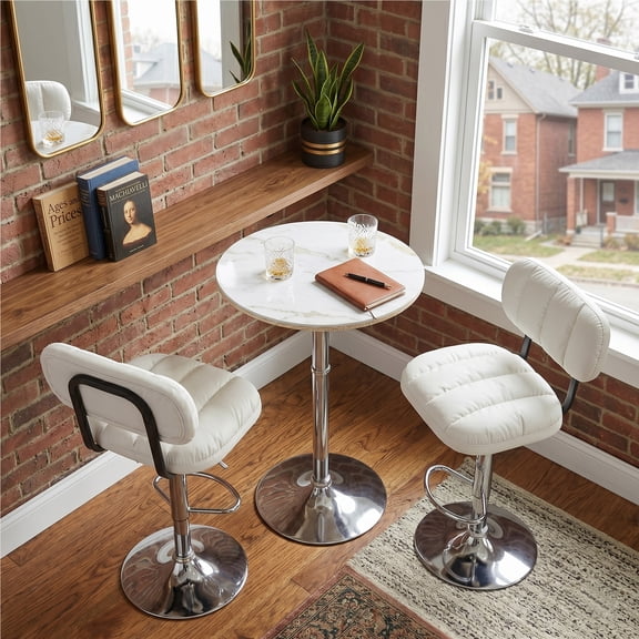 Set of 2 Adjustable Height Bar Stools, White PU Leather Upholstered with Chrome Base & Footrest, Modern Comfort Stools for Kitchen Island, Home Bar, Living Room