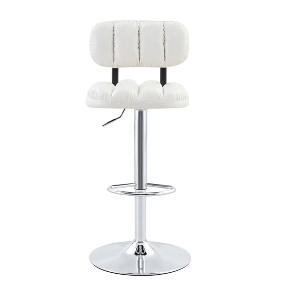 Set of 2 Adjustable Height Bar Stools White PU Leather Upholstery Chrome Metal Gas Lift Counter Stools with Backrest & Footrest Customizable Modern Kitchen Island Bar Chairs