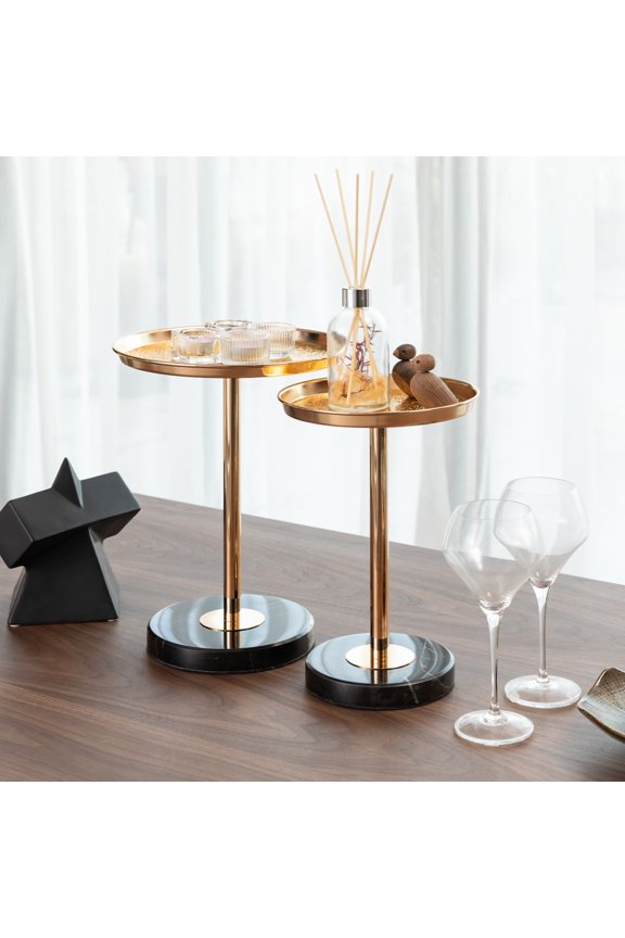 Set of 2 Adjustable Height Side Tables - Round Marble MDF Tops w/ Gold-Tone Metal Base, Multi-Level Cocktail & Display Stand for Living Room, Bedroom