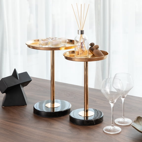 Set of 2 Adjustable Height Side Tables - Round Marble MDF Tops w/ Gold-Tone Metal Base, Multi-Level Cocktail & Display Stand for Living Room, Bedroom
