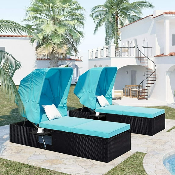 (Set of 2) Adjustable Outdoor Chaise Lounge Chair Rattan Wicker Patio Lounge Chair for Outdoor Patio Beach Pool Backyard Lounge Chairs with Cushion, Canopy and Cup Table