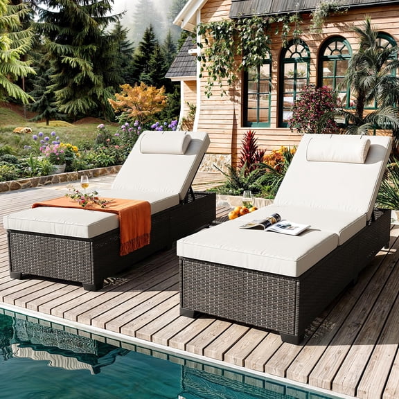 Set of 2 Adjustable Outdoor Chaise Lounge Chairs – PE Wicker Recliners with Removable Tabletop and Cushions – All-Weather Rattan Loungers for Patio, Poolside, Sunbathing