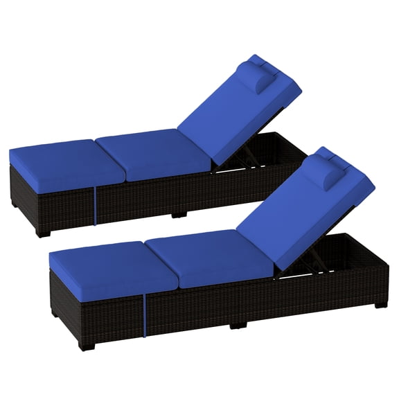 Set of 2 Adjustable PE Wicker Chaise Lounge Chairs – 78'' Long Reclining Outdoor Patio Furniture – Removable Tabletop, 5-Position Backrest, Sky Blue Cushions – Ideal for Poolside, Deck, Garden