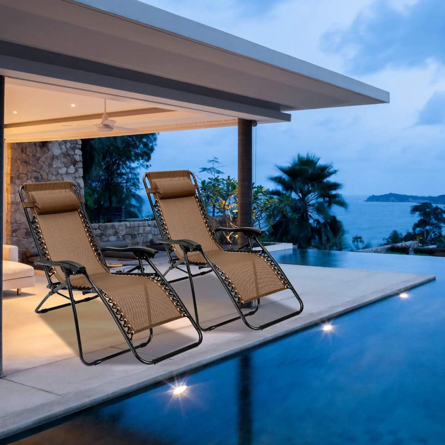 Set of 2 Adjustable Reclining Outdoor Lounge Chairs w/Pillows & Cup ...