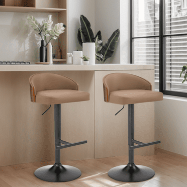 Set of 2 Adjustable Swivel Bar Stools, Cat Scratch Resistant Faux Leather, Counter Height Chairs with Wooden Backrest and Black Footrest, Stylish Low Back for Kitchen Island,Dining Room,Brown