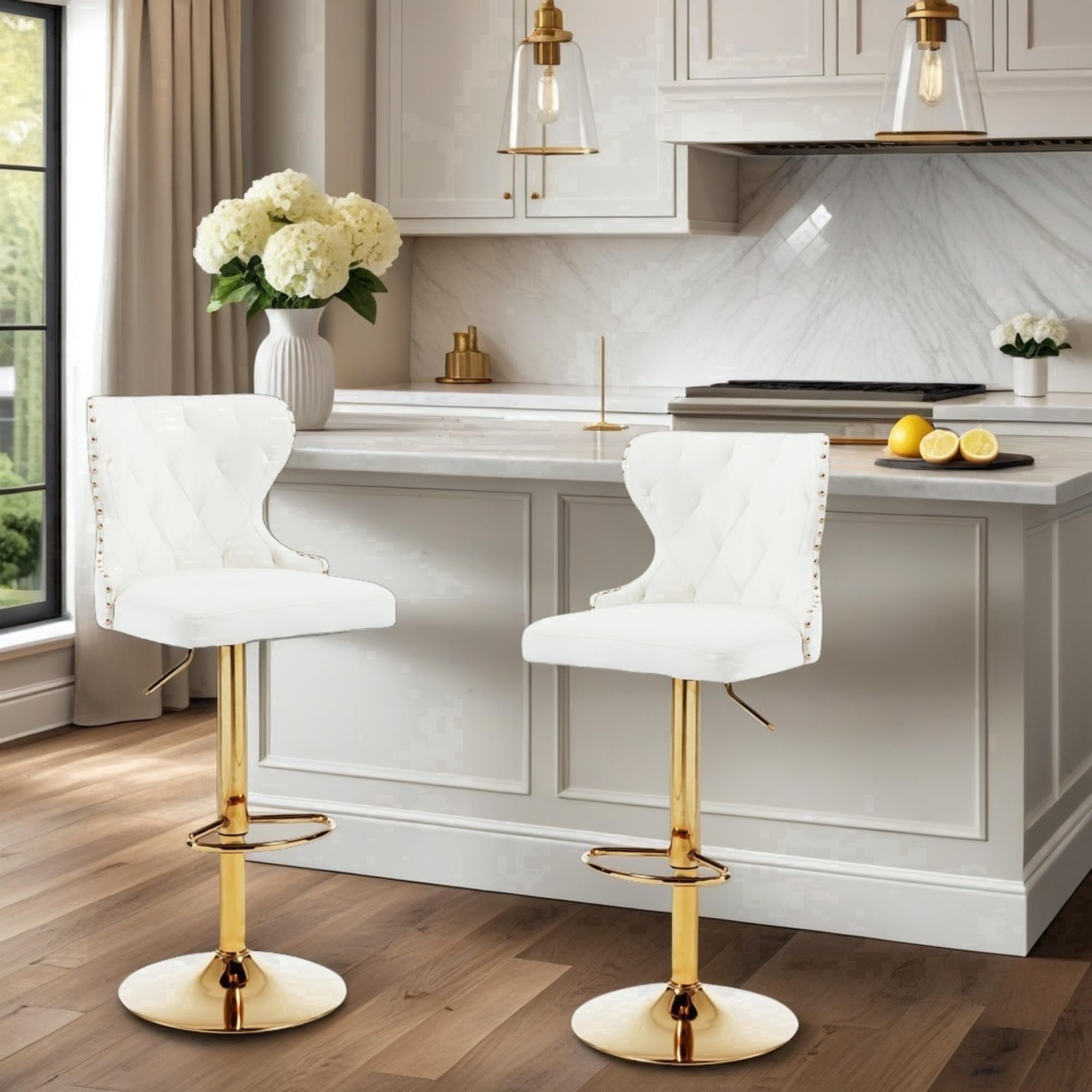 Set of 2 Adjustable Swivel Bar Stools, Faux Leather Upholstered Counter Height Chairs with Nailhead Trim, Golden Footrest, Golden Legs, and High Back for Kitchen Island, Home Bar, Dining Room, White