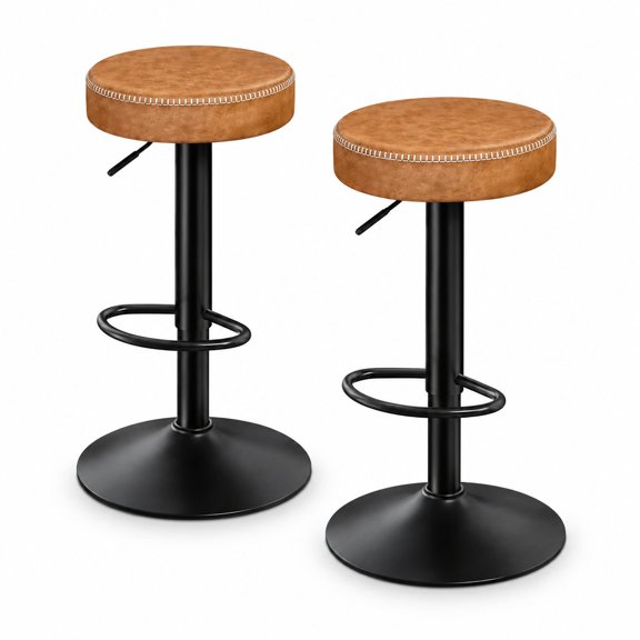 Set of 2 Adjustable Swivel Bar Stools, Microfiber Leather Backless with Round Seat, 360 Rotation, Counter Height for Kitchen Island and Pub, 330 Lbs Capacity, Brown