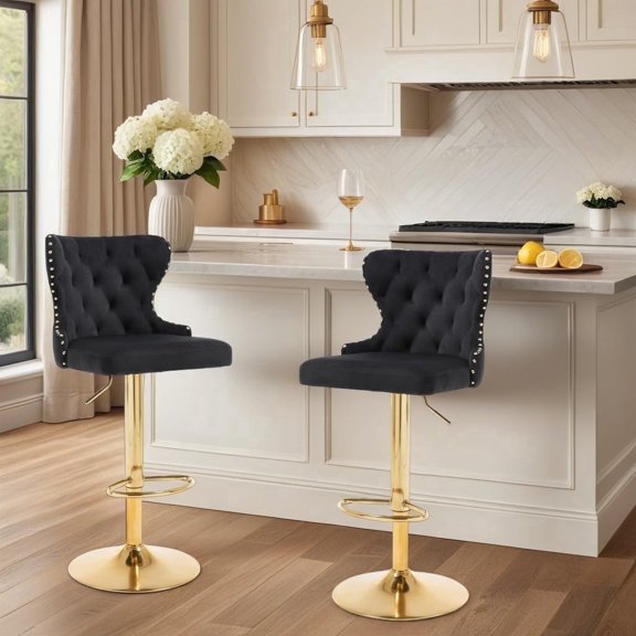 Set of 2 Adjustable Swivel Bar Stools, Velvet Upholstered Counter Height Chairs with Nailhead Trim, Golden Footrest, Golden Legs, and High Back for Kitchen Island, Home Bar, Dining Room, Cafe, Black
