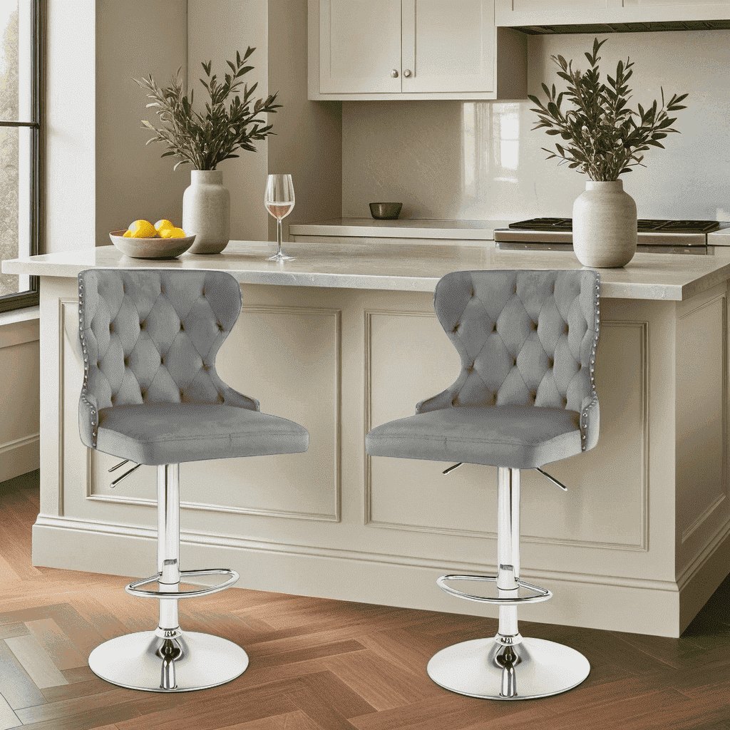Set of 2 Adjustable Swivel Bar Stools,Velvet Upholstered Counter Height Chairs with Nailhead Trim, Silver Footrest, and High Back for Kitchen Island, Home Bar, Dining Room, Cafe,Gray