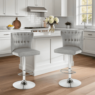 Set of 2 Adjustable Swivel Bar Stools,Velvet Upholstered Counter Height Chairs with Nailhead Trim, Silver Footrest, and High Back for Kitchen Island, Home Bar, Dining Room, Cafe,Gray