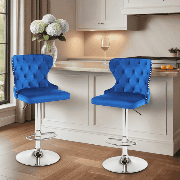 Set of 2 Adjustable Swivel Bar Stools,Velvet Upholstered Counter Height Chairs with Nailhead Trim, Silver Footrest, and High Back for Kitchen Island, Home Bar, Dining Room, Cafe, Blue