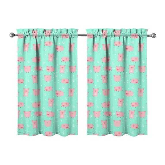 Set of 2 Aesthetic Pig Print Kitchen Curtains 27.5x39 Inch, Cute Farm Animal Cartoon Design Semi-Sheer Tier Curtains, Rod Pocket Short Window Panels for Home