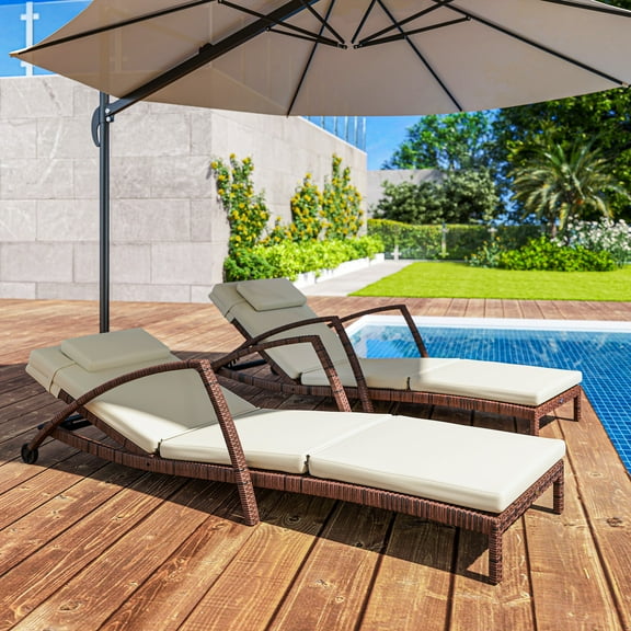 Set of 2 All-Weather Rattan Lounge Chairs - Ergonomic S-Shape, 5-Position Reclining, Galvanized Steel Frame, Plush Cushions, Brown/Beige - Perfect for Patio, Poolside, Deck