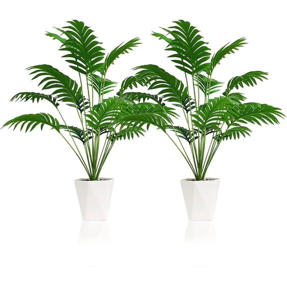 Set of 2 Artificial Areca Palm  in Pots, 31 Inch  Tropical Palm Trees with Greenery Leaves and Stems, Faux Dypsis Lutescens Floor  for Store, Office,  Decoration