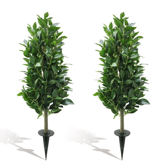 Set of 2 Artificial Bay Laurel Trees, 3 FT Tall UV Resistant Fake Shrubs with Ground Spikes for Indoor & Outdoor Decor, Faux Laurus Nobilis for Garden, Patio, or Porch
