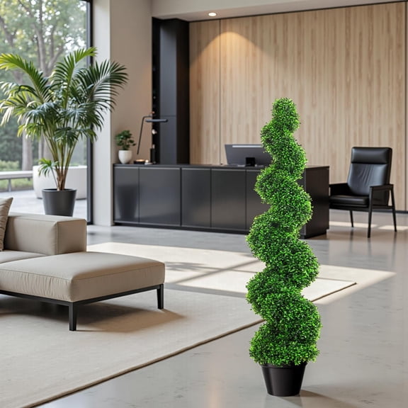 Set of 2 Artificial Boxwood Spiral Topiary Trees, 35.4 Inch All-Year Green Fake Plant with PE Leaves, Faux Boxwood Plants for Outdoor Yard Living Room