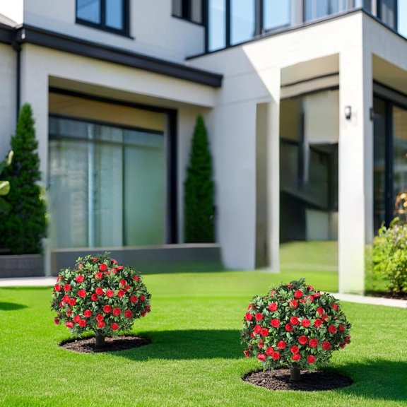 Set of 2 Artificial Boxwood Topiary Ball Trees with Red Flowers, 16 Inch Faux Outdoor Shrubs, Fake Plants for Garden, Yard, Porch, – Valentine’s Day & Year-Round Decor