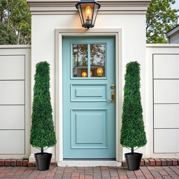 Set of 2 Artificial Boxwood Topiary Triple Ball Trees,49.2" Realistic Two-Tone Boxwood Greenery,Anti-Rust Frame Durable Pot, All-Year Lush, Fake Faux Plant Topiaries Trees for Outdoor/Indoor