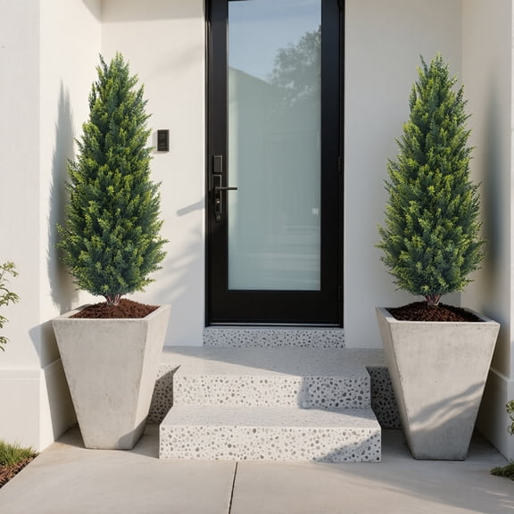 Set of 2 Artificial Cedar Cypress Topiary Trees with Ground Spike, 3.3 FT UV Resistant Faux Pine Shrubs, Outdoor Fake Greenery Plants for Front Porch Garden Yard Decor