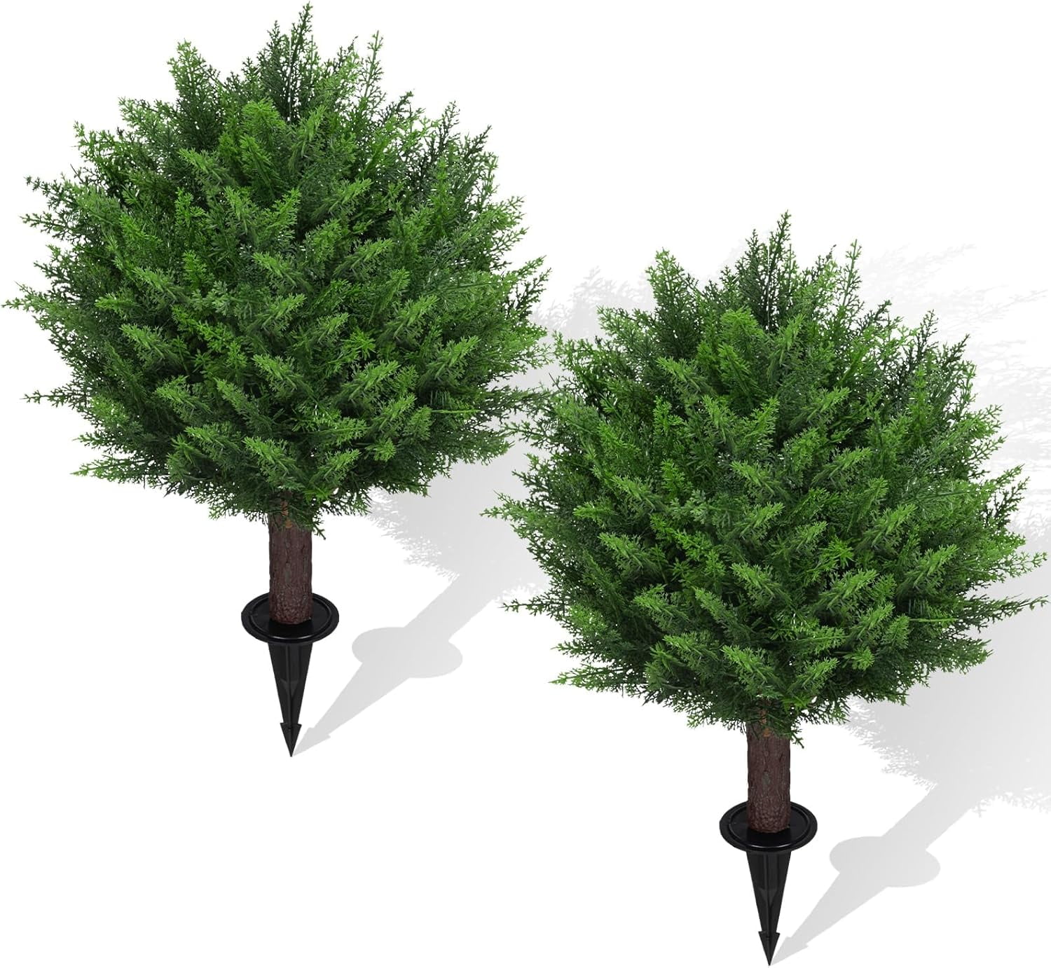 Set Of 2 Artificial Cedar Topiary Ball Trees - 24" UV Resistant Faux Plants With Spike