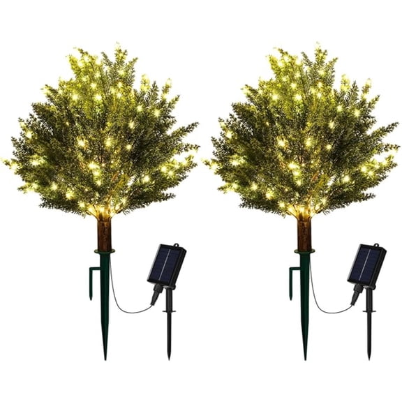 Set of 2 Artificial Cedar Topiary Trees, 25 Inch Outdoor Fake Plants with Ground Spikes, UV Resistant Faux Shrubs with Solar Lights for Front Porch Planter Backyard Garden Decor