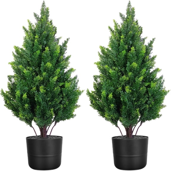 Set of 2 Artificial Cedar Topiary Trees, 27.6'' Outdoor Faux Plants Pine Shrubs with Pots, UV Resistant Realistic Fake Evergreen Cypress Bushes for Indoor Front Porch Door Offices Home Decor