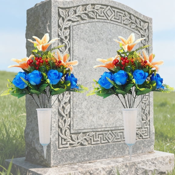 Set of 2 Artificial Cemetery Flowers with Vase Grave Memorial Flowers Artificial Rose Bouquet for Cemetery Headstones Decoration Outdoor Grave Decorations