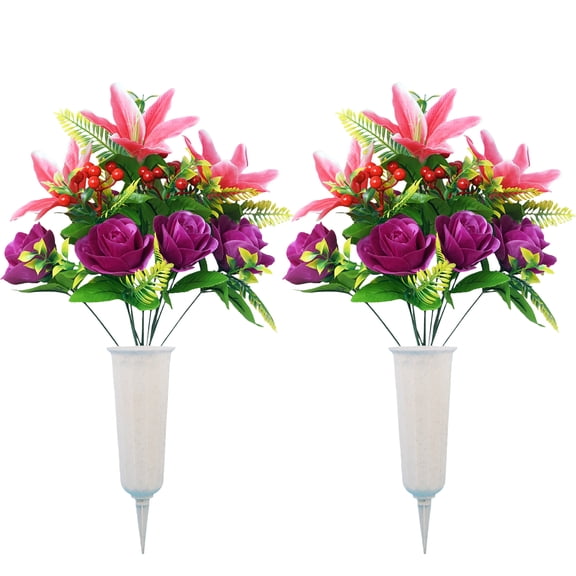 Set of 2 Artificial Cemetery Flowers with Vase Grave Memorial Flowers Artificial Rose Bouquet for Cemetery Headstones Decoration Outdoor Grave Decorations