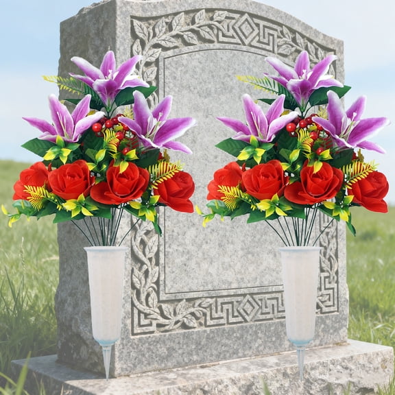 Set of 2 Artificial Cemetery Flowers with Vase Grave Memorial Flowers Artificial Rose Bouquet for Cemetery Headstones Decoration Outdoor Grave Decorations