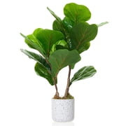 Set of 2 Artificial Fiddle Leaf Fig Trees   15.7" Faux Potted Plants with Lifelike Green Ficus Leaves, White Marble-Look Pots with Black Speckles, Cement Moss Base   Decorative Indoor Greenery