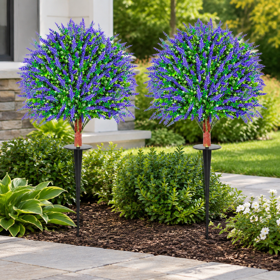 Set of 2 Artificial Lavender Boxwood Topiary Ball Trees with Ground Spike, 26 Inches UV Resistant Fake Evergreen Plant Bushes Shrubs for Indoor Outdoor Front Porch Garden